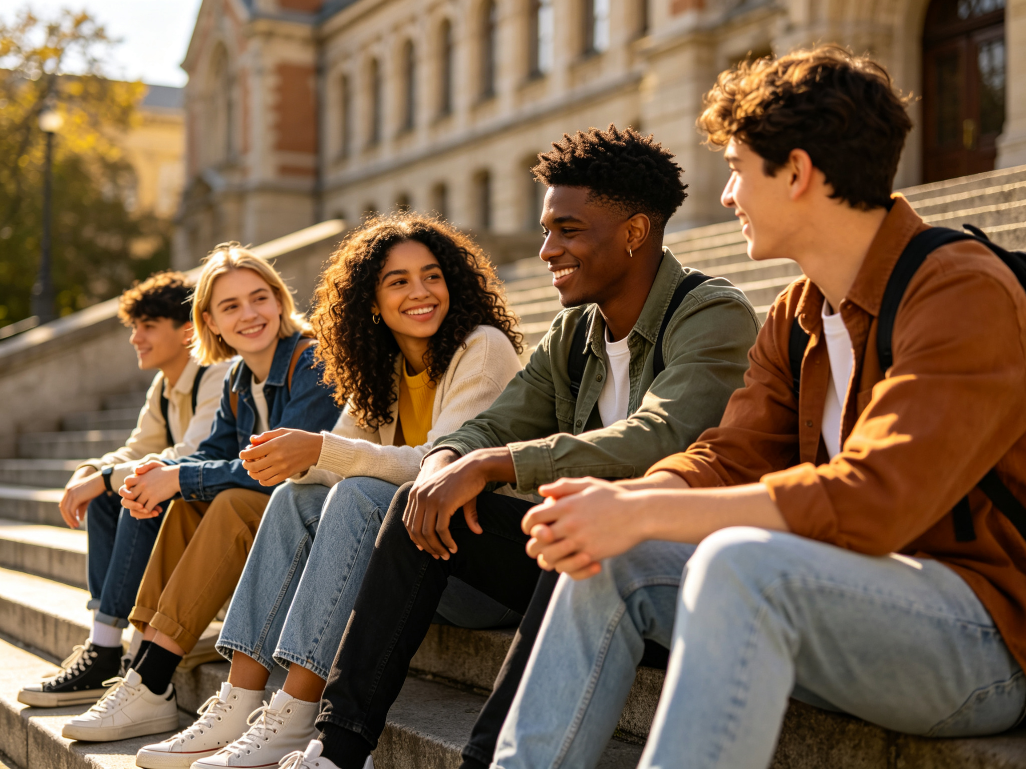 Students talking on campus steps