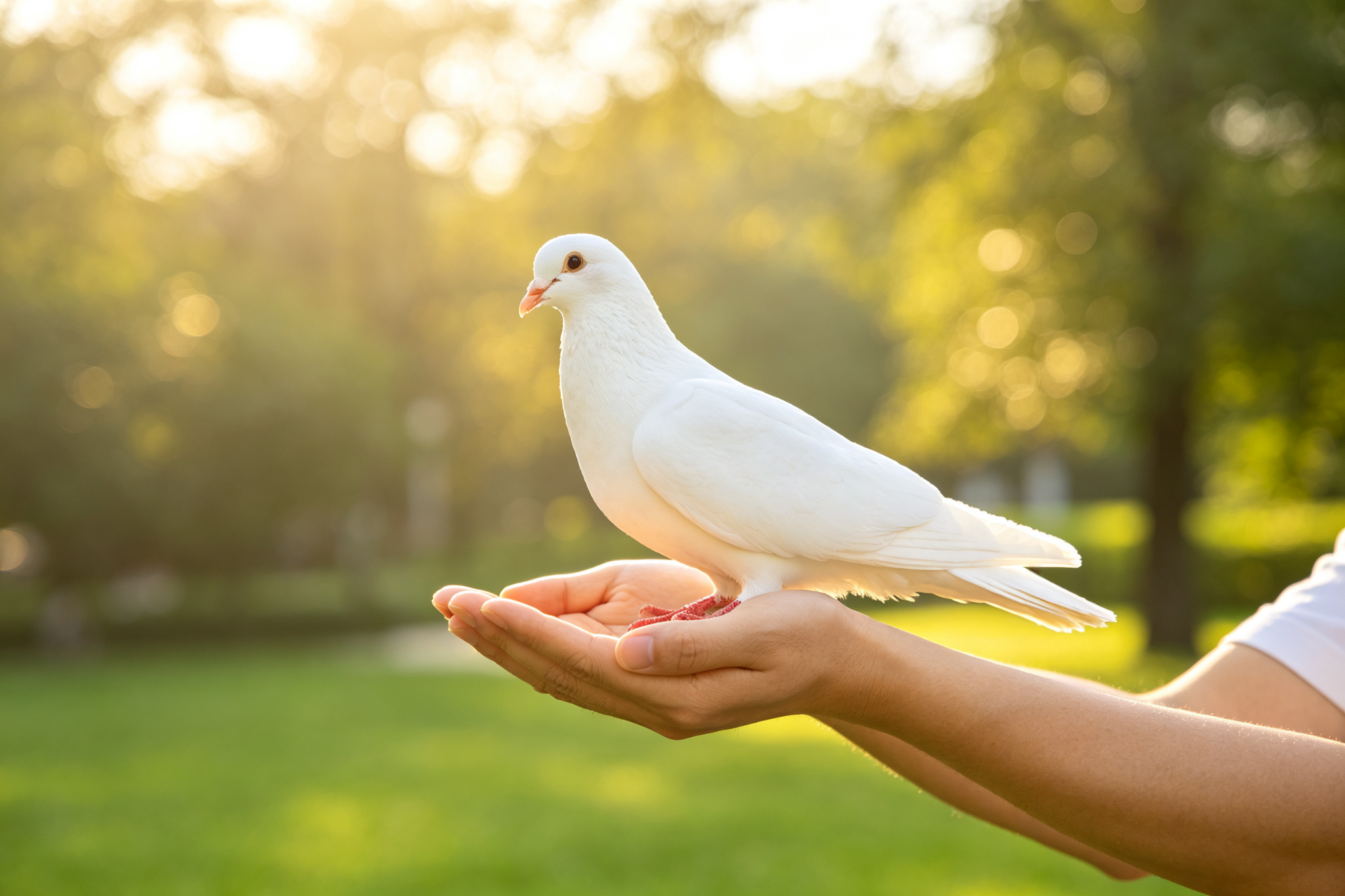 A white dove resting in hands
